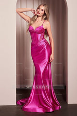 Green Sweetheart Spaghetti Straps Mermaid Satin Corset Pleated Floor Formal Evening Gown