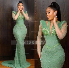 Green V-Neck Long Sleeve Sequined Mermaid Applique Beaded Floor Formal Evening Dress