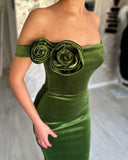 Green Mermaid Off the Shoulder Flowers Stain Prom Dress with Ruffles