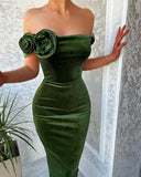 Green Mermaid Off the Shoulder Flowers Stain Prom Dress with Ruffles