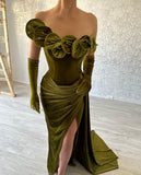 Green One Shoulder Strapless Ruffles Prom Dress with Split