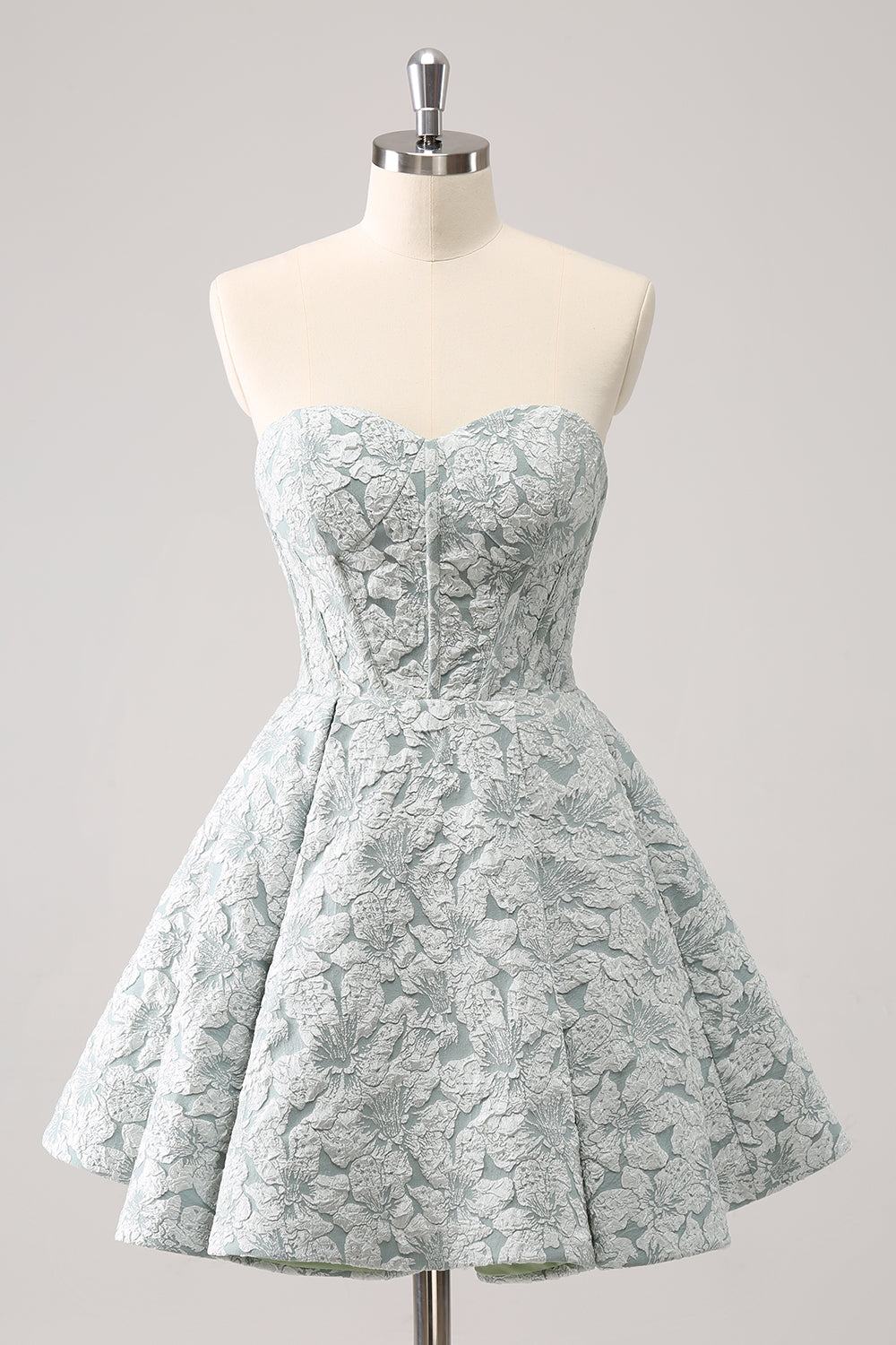 Grey Green Sweetheart Strapless 3D Floral Lace Boned Corset Flared A-Line Short Homecoming Dress