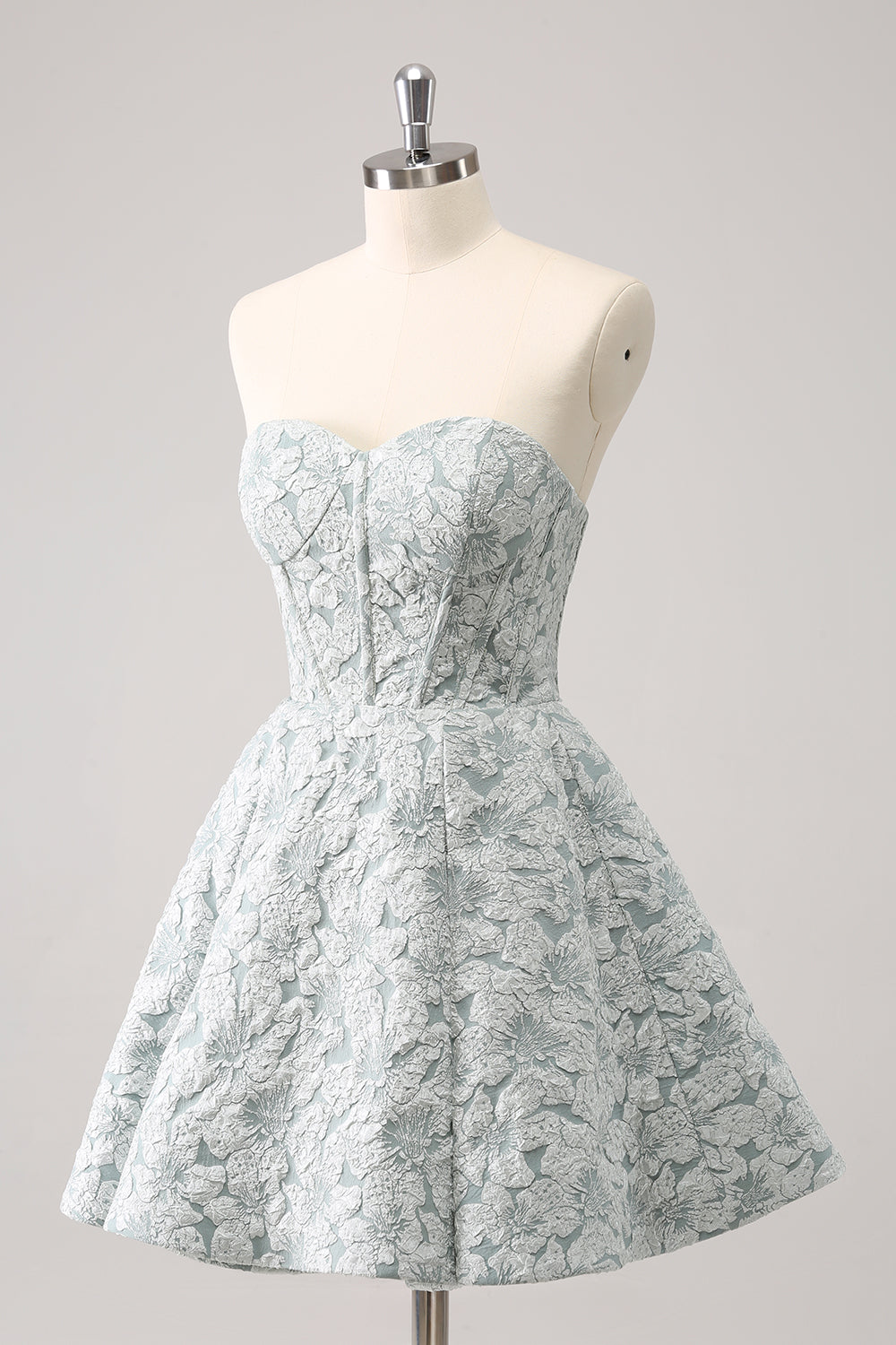 Grey Green Sweetheart Strapless 3D Floral Lace Boned Corset Flared A-Line Short Homecoming Dress