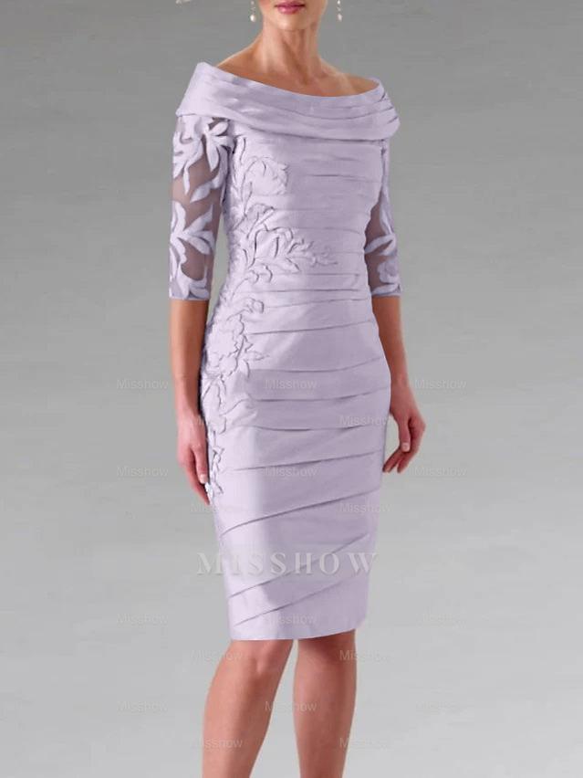 Half-Sleeve Knee-Length Sheath/Column Mother of the Bride Dress with Ruching and Appliques