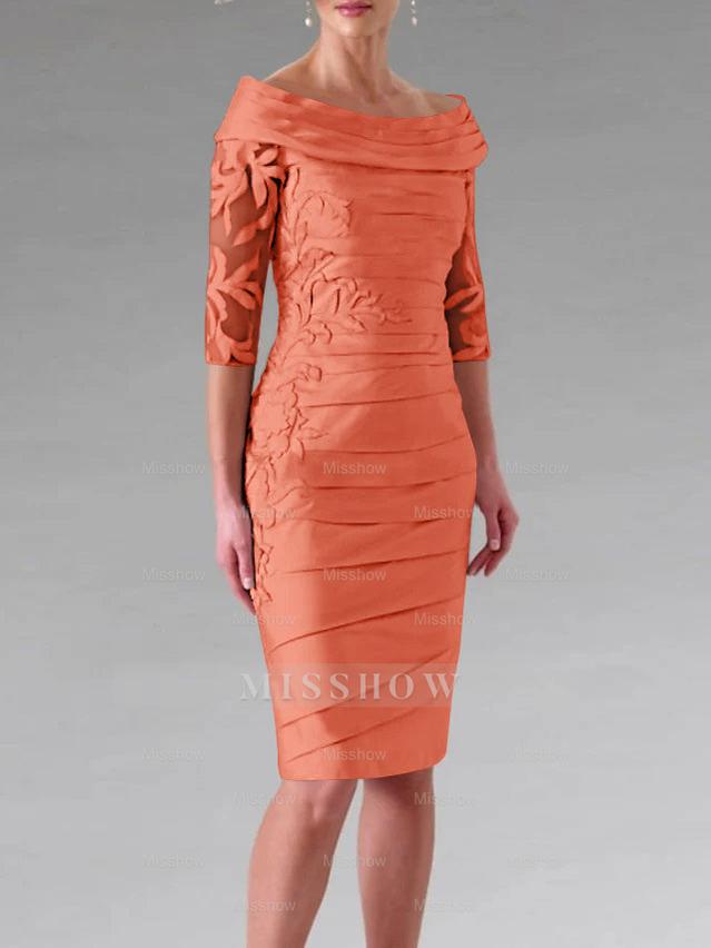 Half-Sleeve Knee-Length Sheath/Column Mother of the Bride Dress with Ruching and Appliques