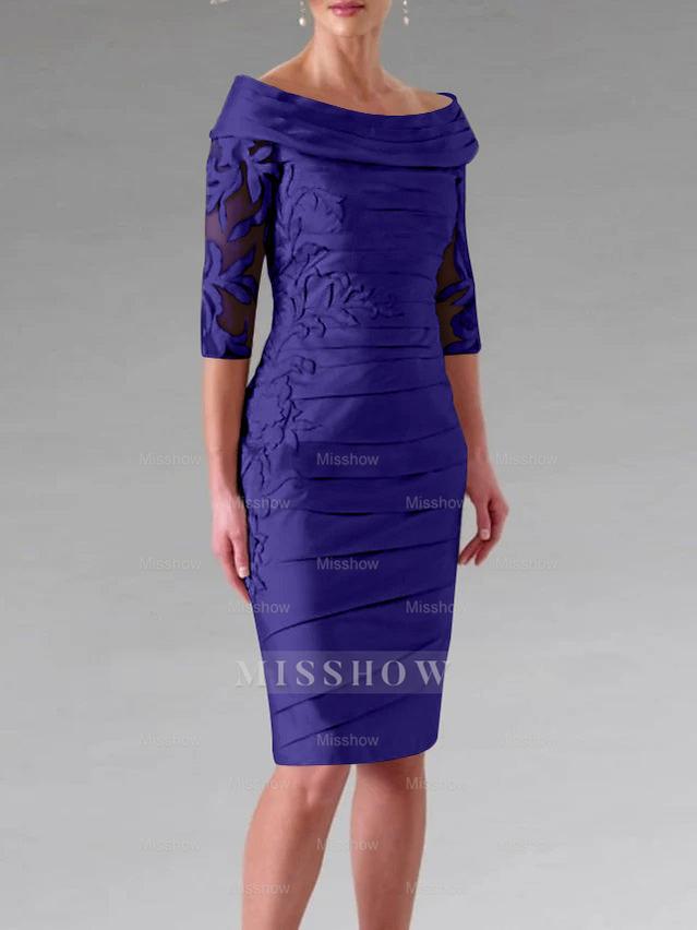 Half-Sleeve Knee-Length Sheath/Column Mother of the Bride Dress with Ruching and Appliques