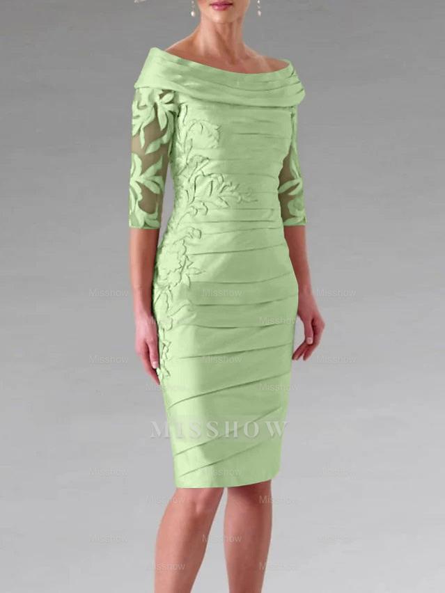 Half-Sleeve Knee-Length Sheath/Column Mother of the Bride Dress with Ruching and Appliques