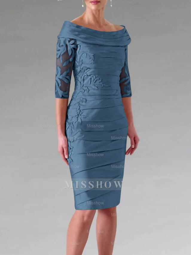 Half-Sleeve Knee-Length Sheath/Column Mother of the Bride Dress with Ruching and Appliques
