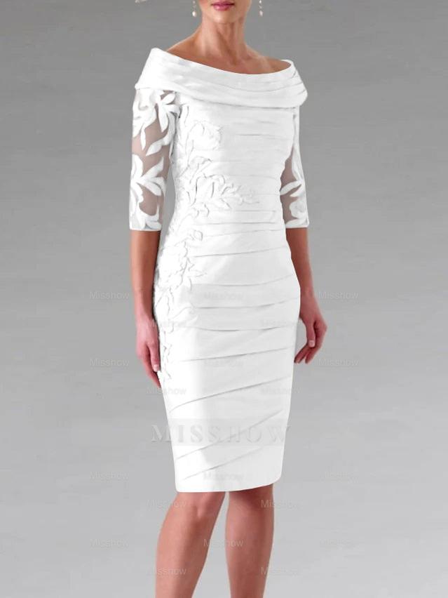 Half-Sleeve Knee-Length Sheath/Column Mother of the Bride Dress with Ruching and Appliques