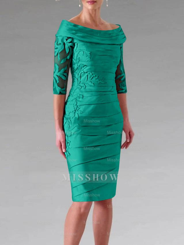 Half-Sleeve Knee-Length Sheath/Column Mother of the Bride Dress with Ruching and Appliques