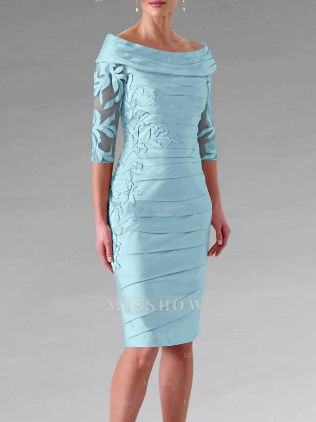 Half-Sleeve Knee-Length Sheath/Column Mother of the Bride Dress with Ruching and Appliques