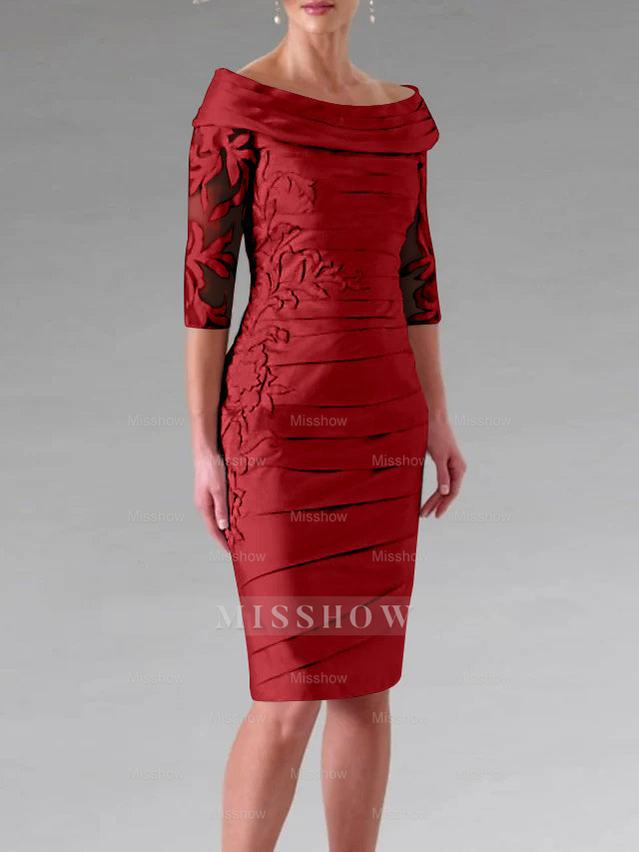 Half-Sleeve Knee-Length Sheath/Column Mother of the Bride Dress with Ruching and Appliques