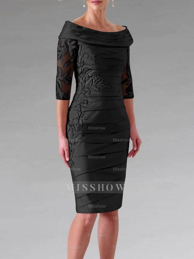 Half-Sleeve Knee-Length Sheath/Column Mother of the Bride Dress with Ruching and Appliques
