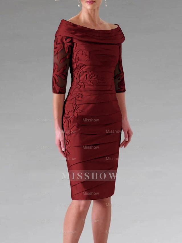 Half-Sleeve Knee-Length Sheath/Column Mother of the Bride Dress with Ruching and Appliques