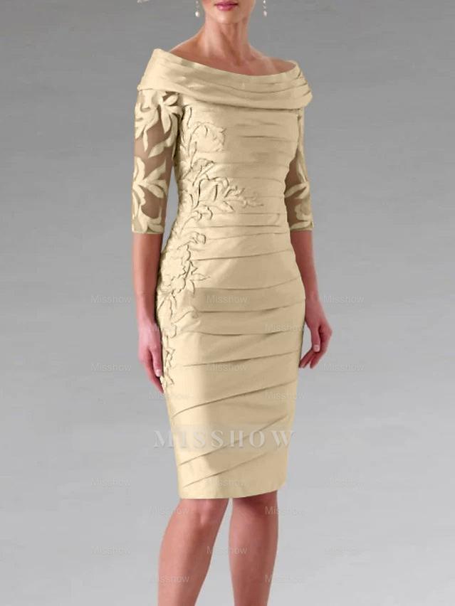 Half-Sleeve Knee-Length Sheath/Column Mother of the Bride Dress with Ruching and Appliques