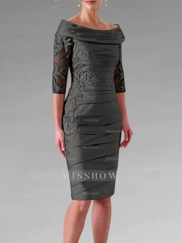 Half-Sleeve Knee-Length Sheath/Column Mother of the Bride Dress with Ruching and Appliques