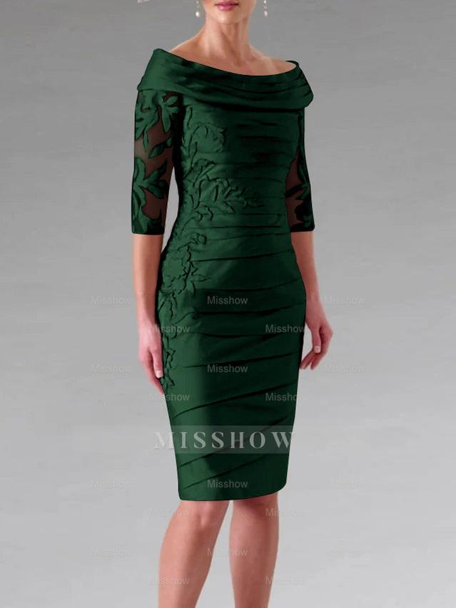 Half-Sleeve Knee-Length Sheath/Column Mother of the Bride Dress with Ruching and Appliques