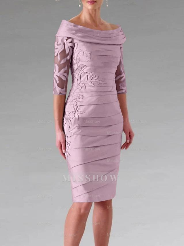Half-Sleeve Knee-Length Sheath/Column Mother of the Bride Dress with Ruching and Appliques