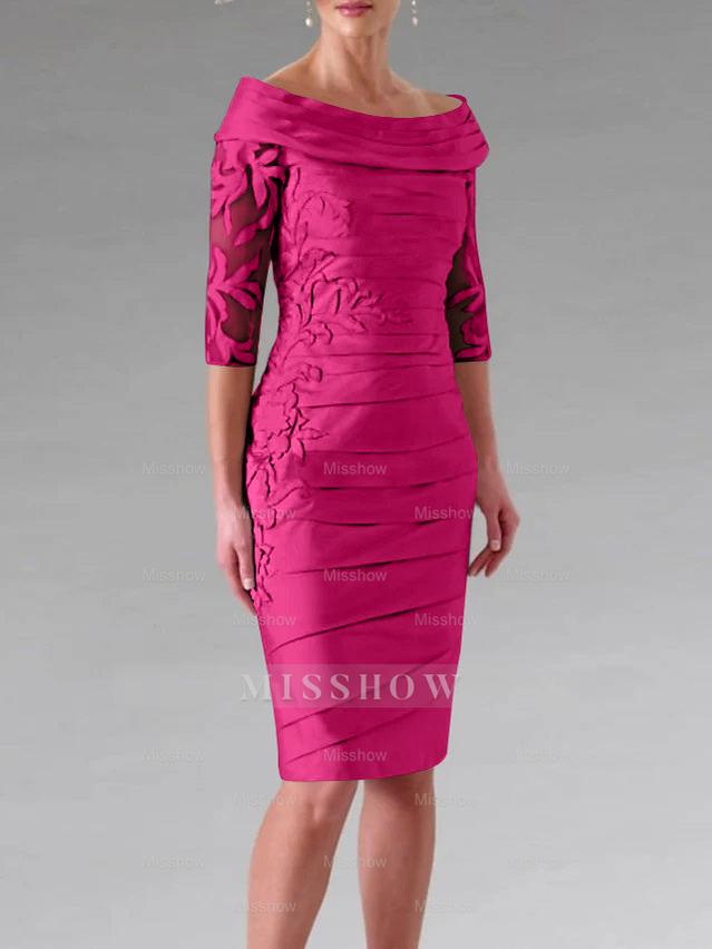 Half-Sleeve Knee-Length Sheath/Column Mother of the Bride Dress with Ruching and Appliques