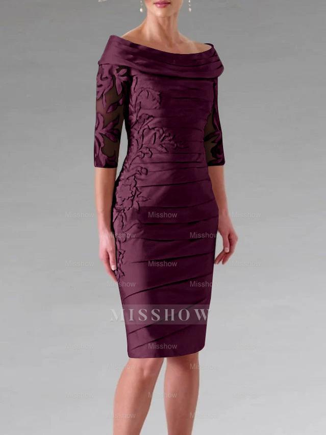 Half-Sleeve Knee-Length Sheath/Column Mother of the Bride Dress with Ruching and Appliques