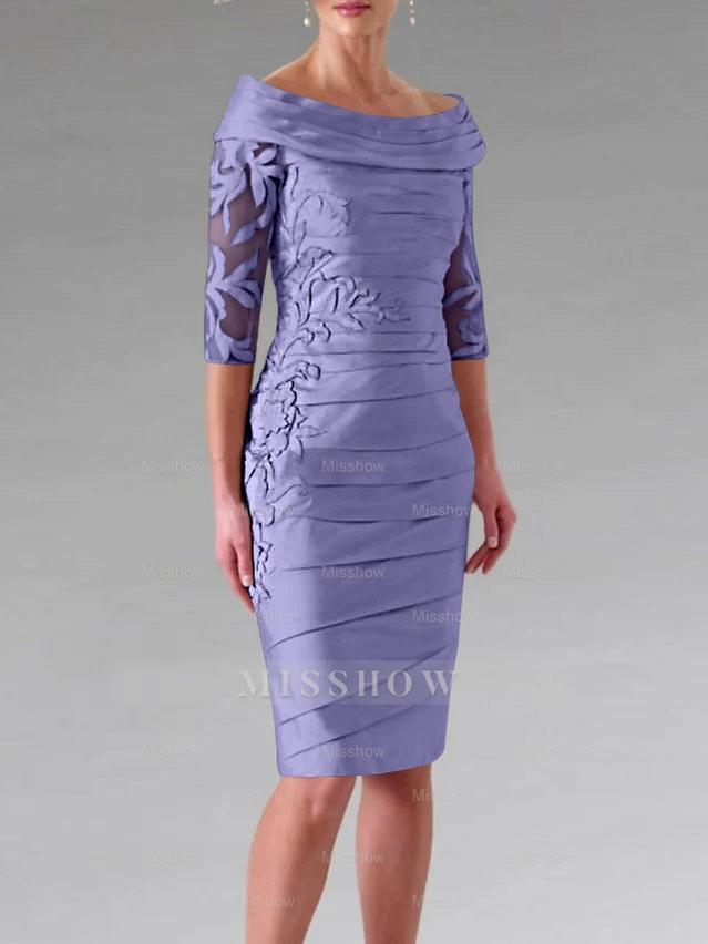 Half-Sleeve Knee-Length Sheath/Column Mother of the Bride Dress with Ruching and Appliques