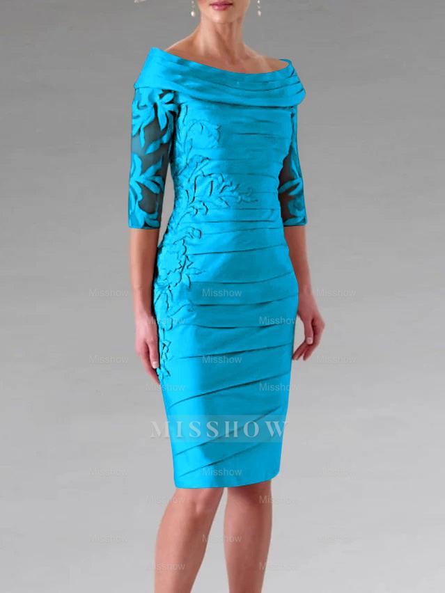 Half-Sleeve Knee-Length Sheath/Column Mother of the Bride Dress with Ruching and Appliques