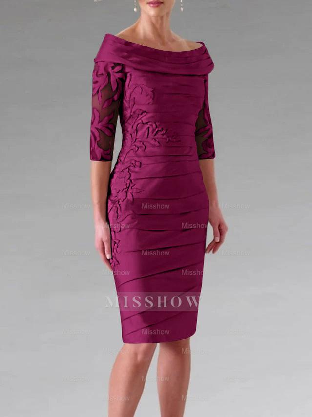 Half-Sleeve Knee-Length Sheath/Column Mother of the Bride Dress with Ruching and Appliques