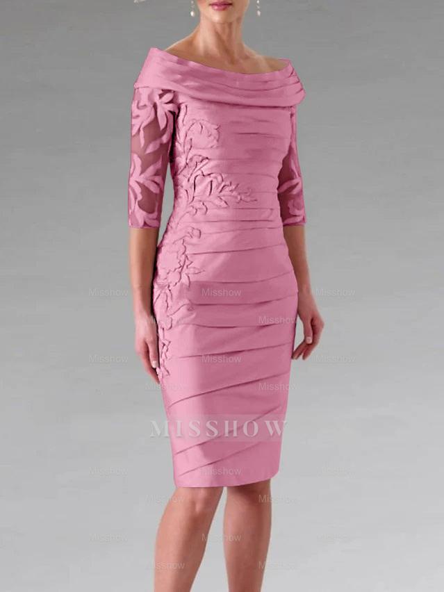 Half-Sleeve Knee-Length Sheath/Column Mother of the Bride Dress with Ruching and Appliques