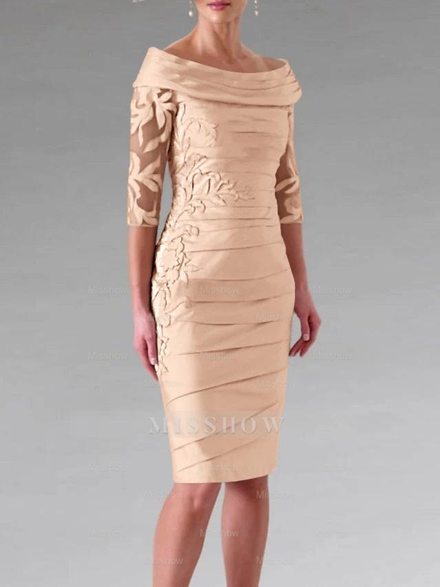 Half-Sleeve Knee-Length Sheath/Column Mother of the Bride Dress with Ruching and Appliques