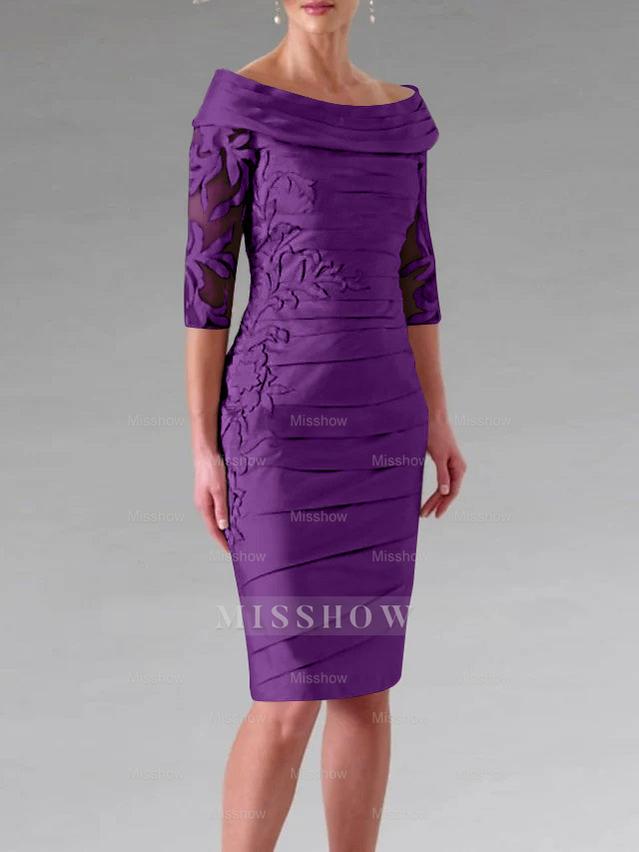 Half-Sleeve Knee-Length Sheath/Column Mother of the Bride Dress with Ruching and Appliques