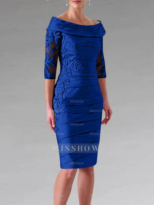 Half-Sleeve Knee-Length Sheath/Column Mother of the Bride Dress with Ruching and Appliques