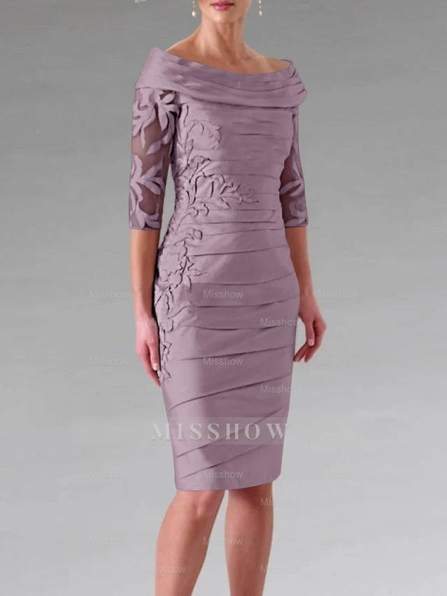 Half-Sleeve Knee-Length Sheath/Column Mother of the Bride Dress with Ruching and Appliques