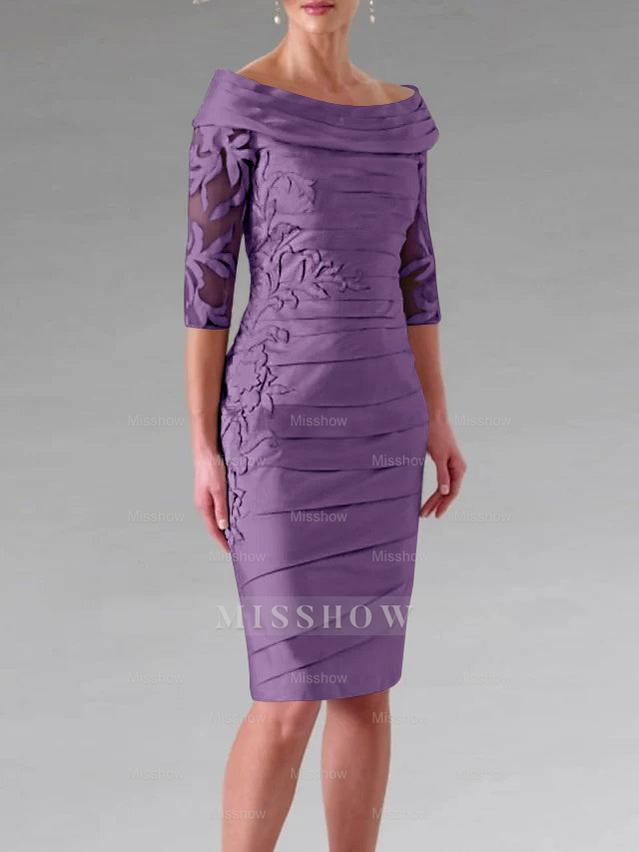 Half-Sleeve Knee-Length Sheath/Column Mother of the Bride Dress with Ruching and Appliques