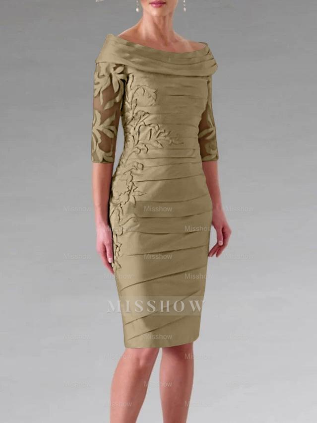 Half-Sleeve Knee-Length Sheath/Column Mother of the Bride Dress with Ruching and Appliques