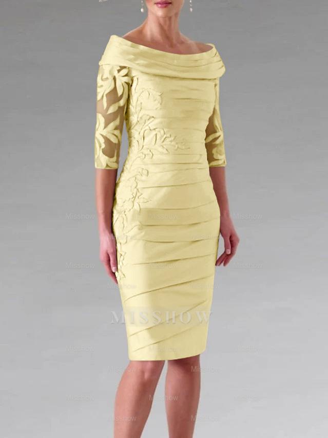 Half-Sleeve Knee-Length Sheath/Column Mother of the Bride Dress with Ruching and Appliques