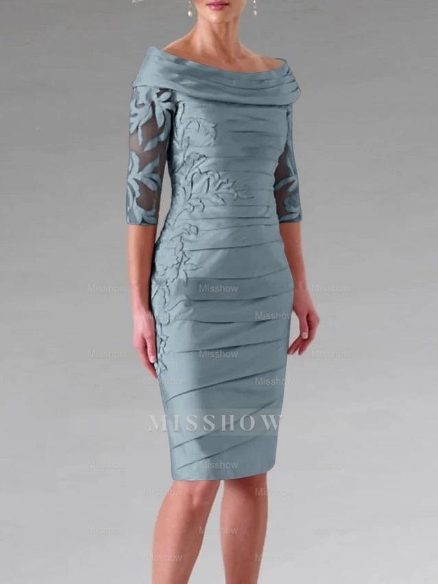 Half-Sleeve Knee-Length Sheath/Column Mother of the Bride Dress with Ruching and Appliques