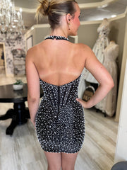 Halter All-Over Pearl Beading Rhinestone Boned Corset Open Back Bodycon Homecoming Dress Mini