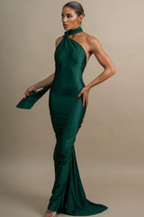 Halter Backless Sleeveless Mermaid Long Formal Dress With Ruffles