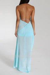 Halter Backless Sleeveless Pleated Long Formal Dress With Split