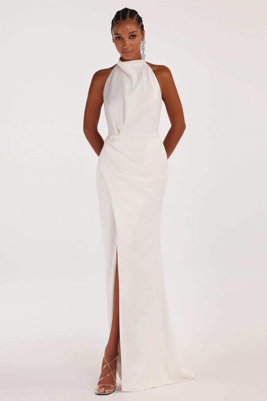 Halter Backless Sleeveless Split Long Formal Dress With Pleated