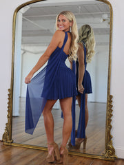 Halter Choker Deep V Neck Ruched Chiffon Homecoming Dress A-Line Mini Cape Streamer Open Back