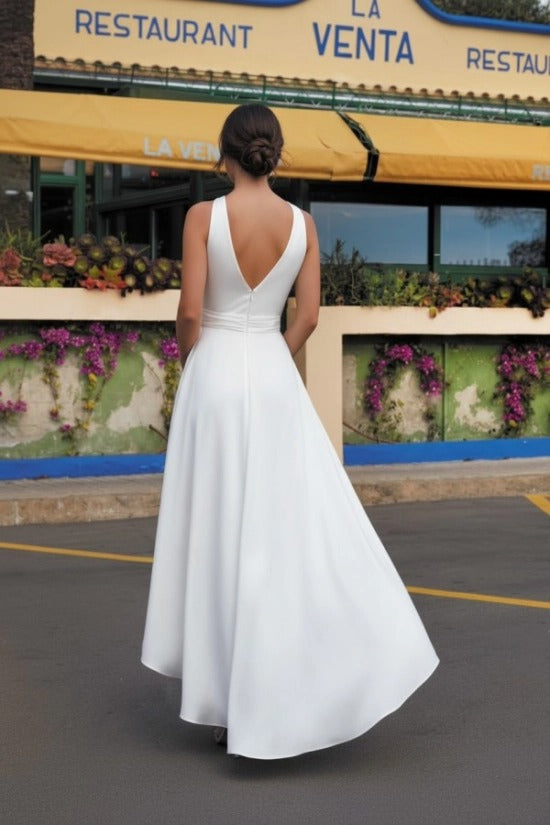 Halter Deep V-Neck Crossover Crystal Waist Belt Hi-Low Hem Open Back Wedding Dress Boho Bridal