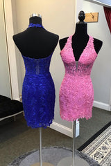 Halter Deep V-Neck Illusion All-Over Lace Applique Rhinestone Scatter Open Back Eyelash Hem Bodycon Homecoming Dress Mini