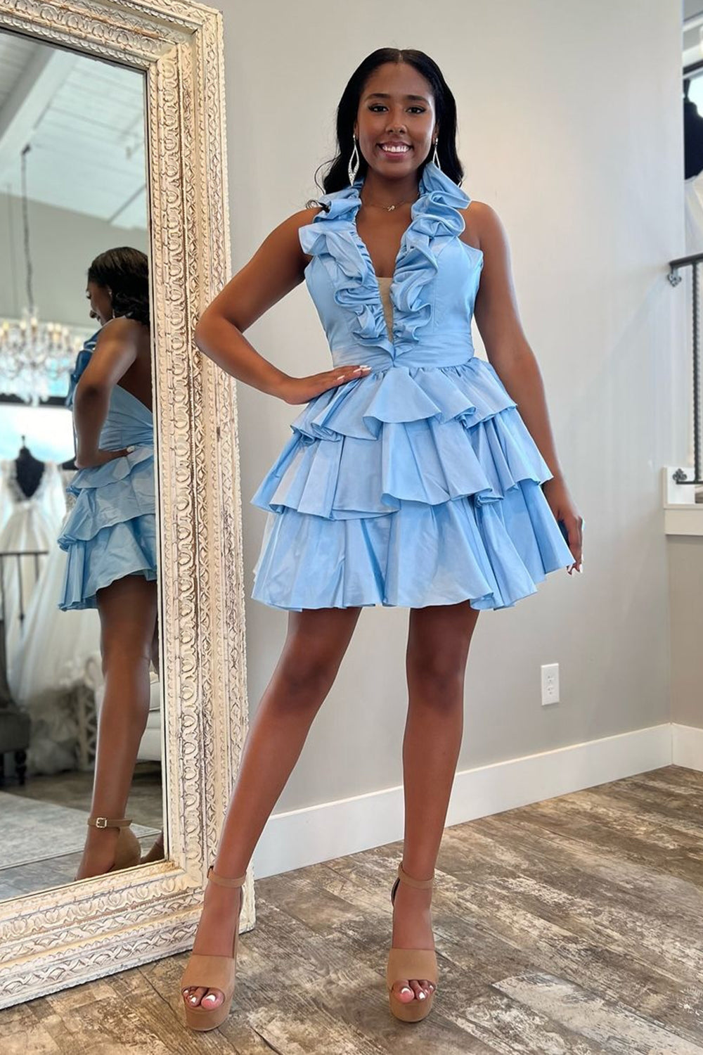 halter neck ruffle a-line mini dress Deep V Tiered Satin slim fitted dress