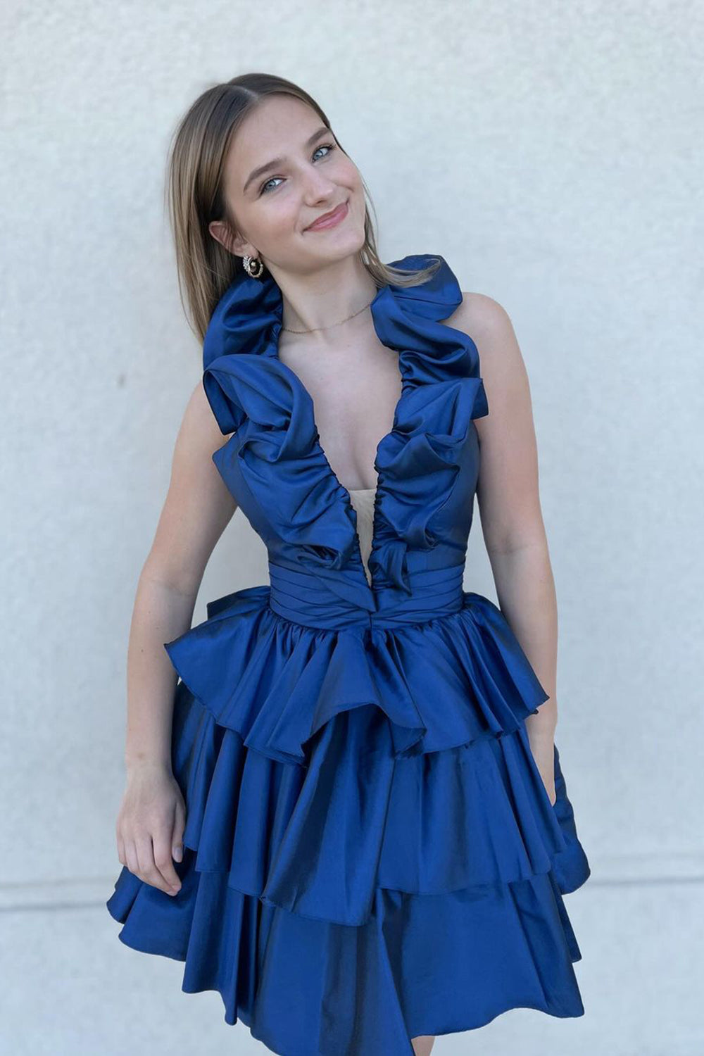Dark blue v-neck ruffled A-line homecoming dress