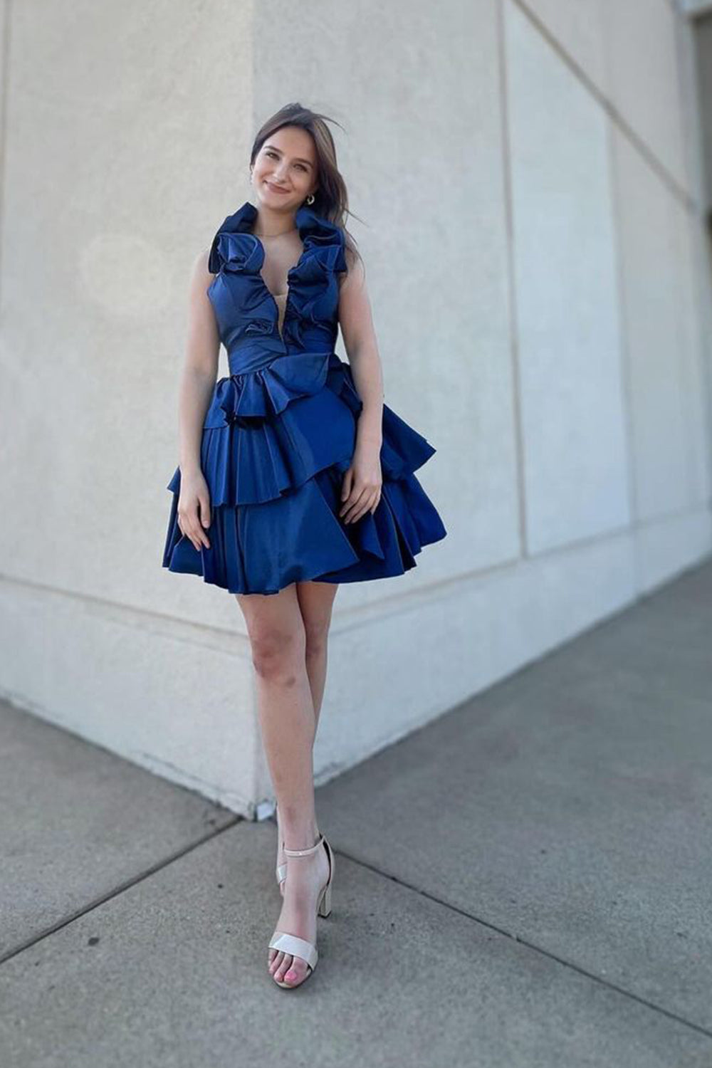 Dark blue v-neck ruffled A-line homecoming dress