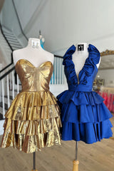Gold v-neck ruffled A-line homecoming dress