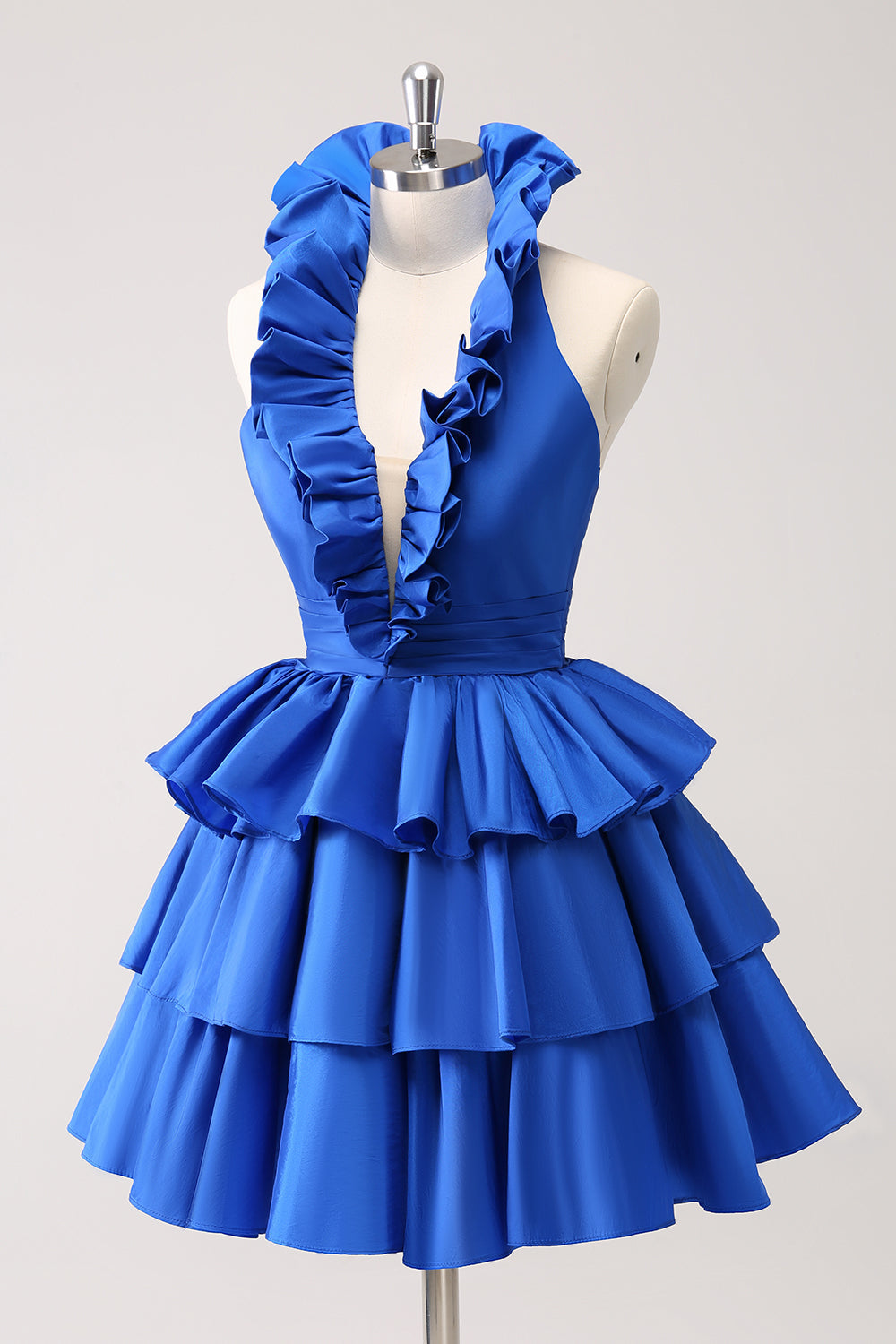 Royal blue v-neck ruffled A-line homecoming dress