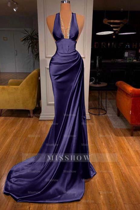 Halter Deep V Neck Sleeveless Mermaid Long Formal Dress Elegant With Ruffles
