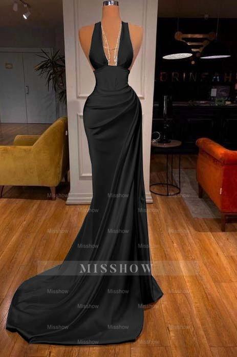 Halter Deep V Neck Sleeveless Mermaid Long Formal Dress Elegant With Ruffles